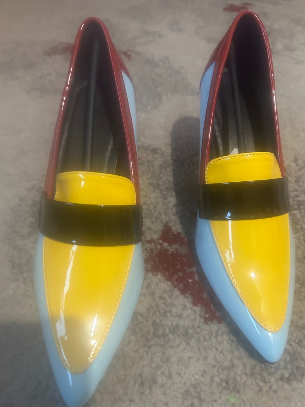 Patent Leather Pointed Loafers in Yellow, Light Blue and Burgundy